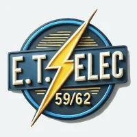 logo de la société ET Elec 59 62, il s'agit d'un cercle avec un entourage bleu séparé par un éclair jaune avec à gauche ET et Elec 59/62 à droite